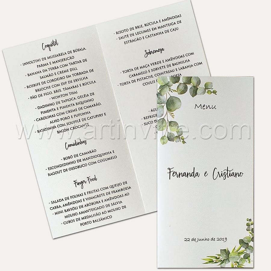 Home 22 Cardápio para casamento e 15 anos - Card 022 - Folhagem - Art Invitte Convites
